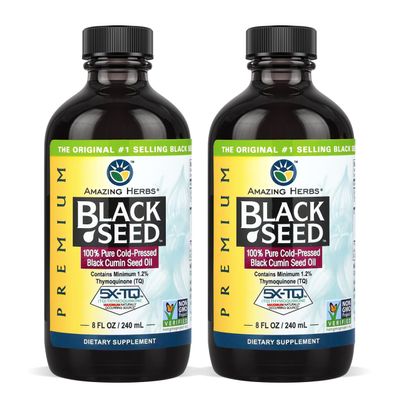 Amazing Herbs Premium Black Seed Oil - Gluten Free, Non GMO, Cold Pressed Nigella Sativa Aids in Digestive Health, Immune Support, Brain Function - 8 Fl Oz (Pack of 2)