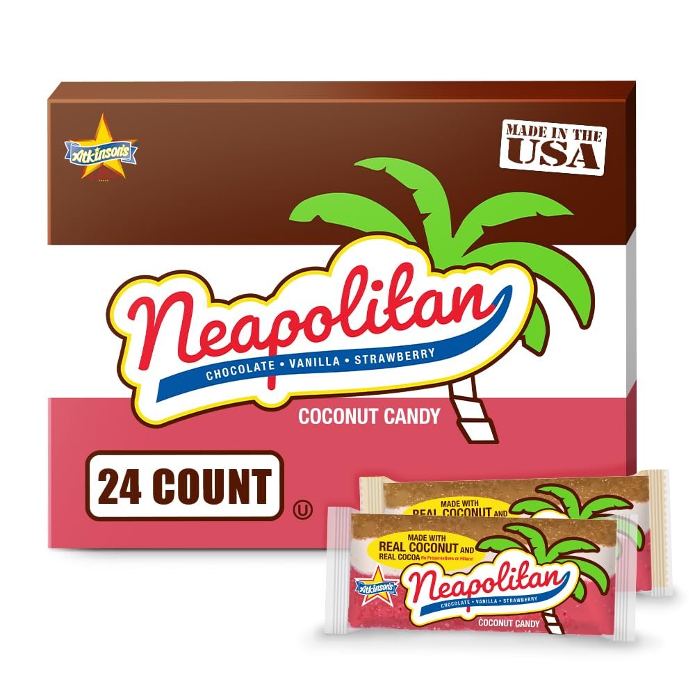 Atkinson's Neapolitan Coconut Bar Strawberry Vanilla Chocolate 1.65oz 24ct Pack