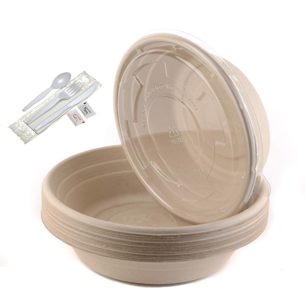 100 Count - 32oz Round Disposable Bowls with Lids and Cutlery - Natural Sugarcane Bagasse Bamboo Fibers Sturdy Compostable Eco Friendly Environmental Paper Plastic Bowl Alternative - Fork,Spoon,Knife