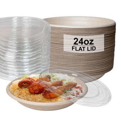 500 Count - 24oz Round Disposable Bowls with Lids and Cutlery - Natural Sugarcane Bagasse Bamboo Fibers Sturdy Compostable Eco Friendly Environmental Paper Plastic Bowl Alternative - Fork,Spoon,Knife