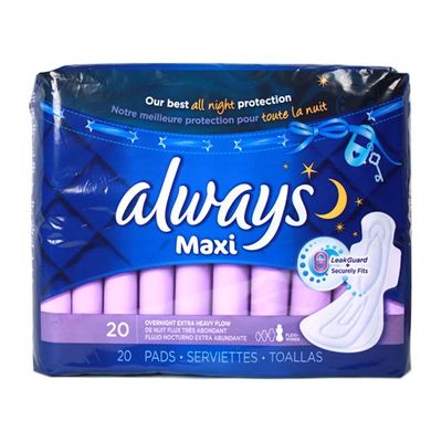 Always Maxi Pads Overnight Extra Heavy Flow, 20 Each (Pack of 36)