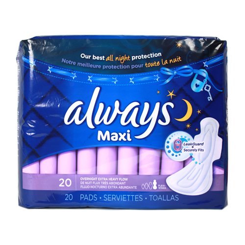 Always Maxi Pads Overnight Extra Heavy Flow, 20 Each (Pack of 36)