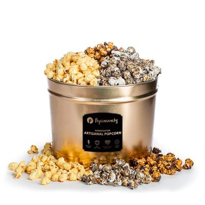 Popinsanity Gourmet Popcorn 2 Gallon Tin Overflowing w/3 Most Popular Popped Popcorn Flavors: Sweet n' Salty, Cookies n' Cream, Candy Caramel Chocolate Drizzle, Prime Bucket Gift Box Set. 25 People