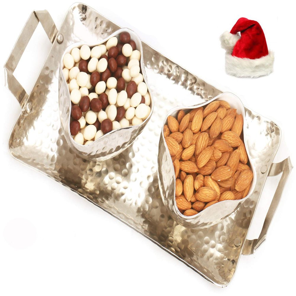 Ghasitaram Gifts Christmas Gifts Hampers - Silver Aluminium Nutties and Almonds Tray