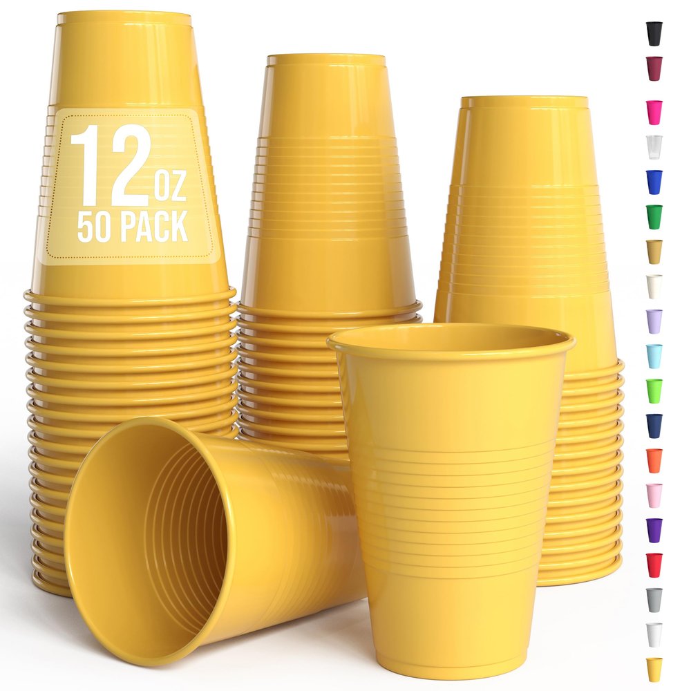 Exquisite Party Solids 12 Oz Yellow Plastic Cups For Party Supplies 50 Pack | Yellow Disposable Cups Plastic | Disposable Drinkware For Parties, Events & Everyday