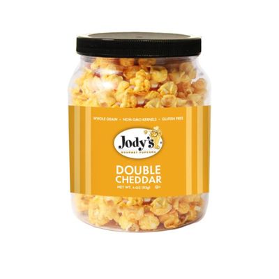 Jody's Gourmet Popcorn Round Jar Double Cheddar, 4 Ounce. Delicious, Cheesy, Finger Licking Good Popcorn. Gluten-Free, Kosher Certified, Made with Non-GMO Popcorn Kernels, Made in USA