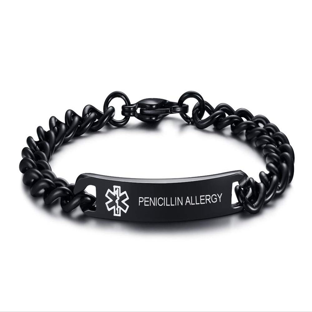 VNOX 8MM Black Stainless Steel PENICILLIN?Allergy Medical Alert ID Tag Link Chain Bracelet for Unisex,8.0"