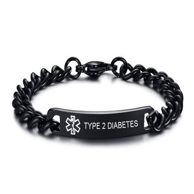 VNOX 8MM Black Stainless Steel Type?2?Diabetes Medical Alert ID Tag Link Chain Bracelet for Unisex,8.0"