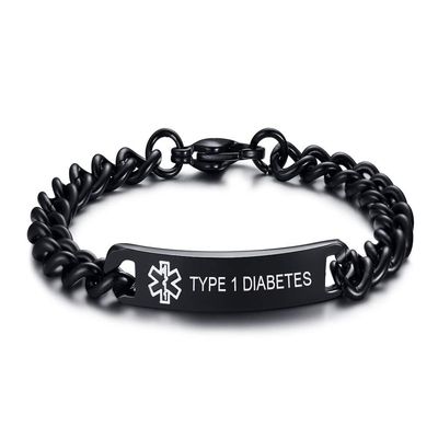 VNOX 8MM Black Stainless Steel Type?1?Diabetes Medical Alert ID Tag Link Chain Bracelet for Unisex,8.0"