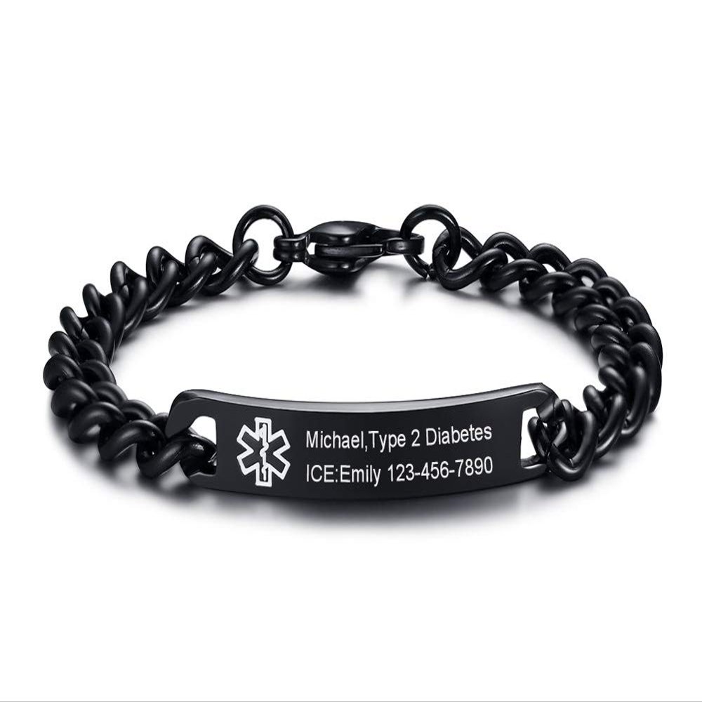 VNOX Personlized Engraving-8MM Black Stainless Steel Medical Alert ID Tag Link Chain Bracelet,8.0"