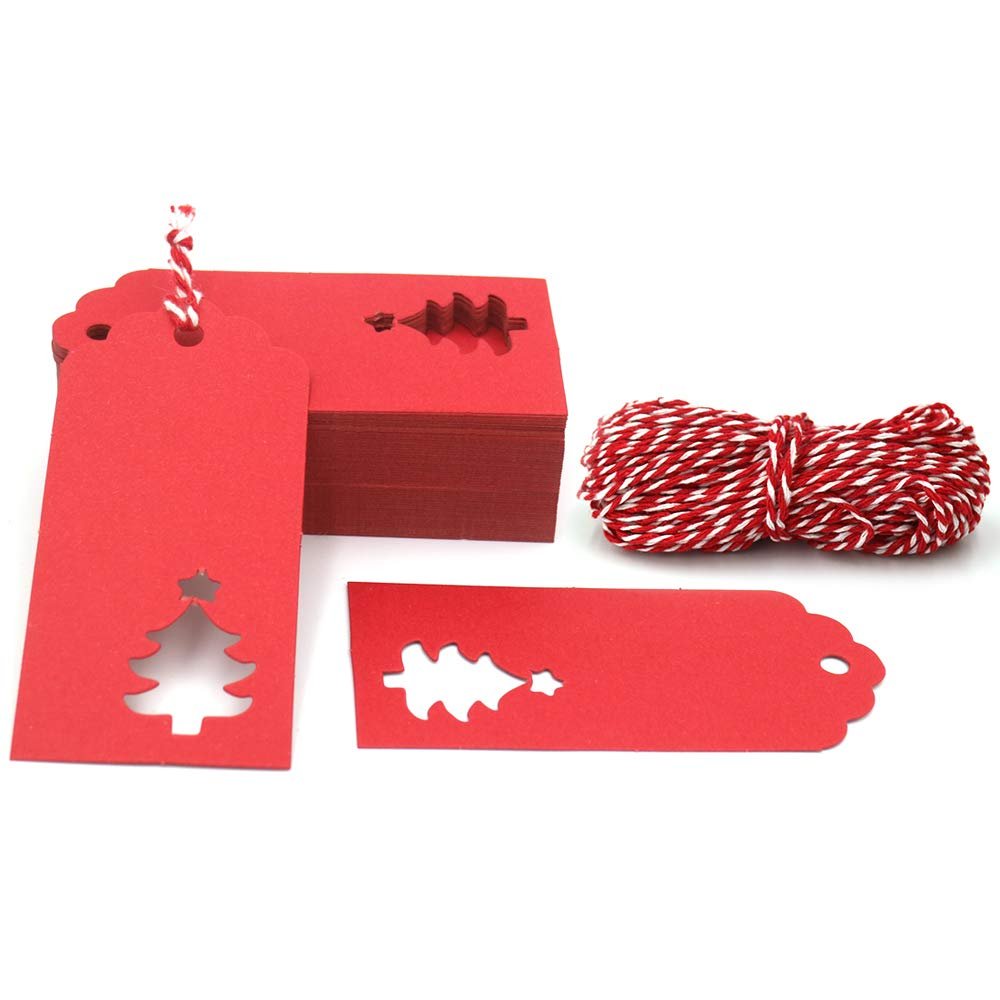 100 PCS Red Christmas Tree Gift Tags Paper Tags with String Gift Wrapping Tags Blank Gift Tag Vintage Wedding Craft Hang Tags