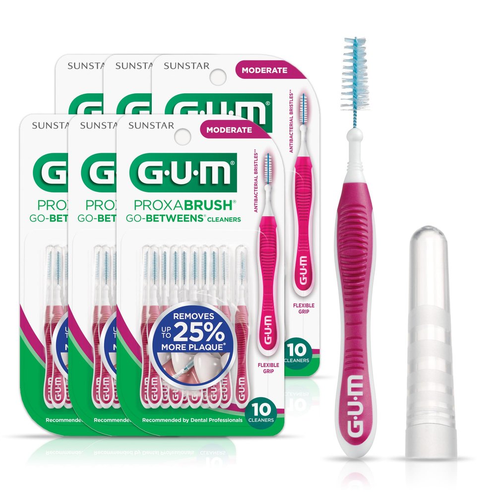 GUM Proxabrush Go-Betweens - Moderate - Interdental Brushes - Soft Bristled Dental Picks for Plaque Removal Health - Safe for Braces & Dental Devices, 10ct (Pack of 6)