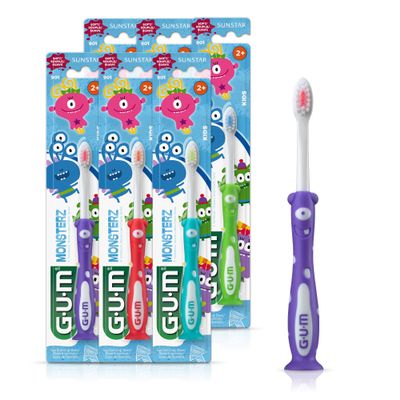 GUM Monsterz Children and Toddler Toothbrush, Soft Bristled Kids Toothbrush with Suction Cup, for Ages 2+, 1 Count(Pack of 6)