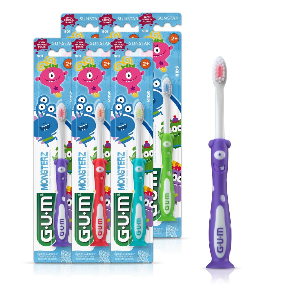 GUM Monsterz Children and Toddler Toothbrush, Soft Bristled Kids Toothbrush with Suction Cup, for Ages 2+, 1 Count(Pack of 6)