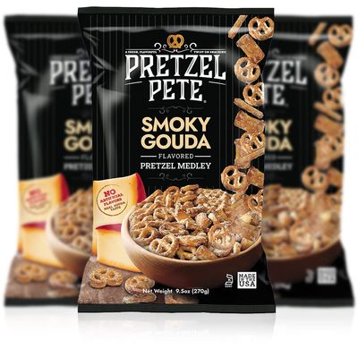 Pretzel Pete Smoky Gouda Pretzel Medley Seasoned Pretzel Medley, Nut-Free and Sesame-Free Snack, Small Batch, Bold Flavor (9.5oz, Pack of 3)