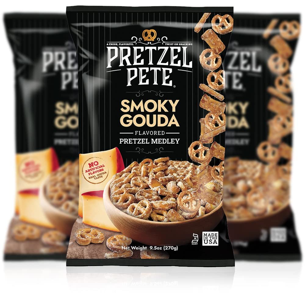 Pretzel Pete Smoky Gouda Pretzel Medley Seasoned Pretzel Medley, Nut-Free and Sesame-Free Snack, Small Batch, Bold Flavor (9.5oz, Pack of 3)