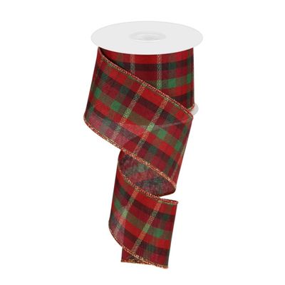 Wired Tartan Christmas Wreath Ribbon - 2 1/2" x 10 Yards, Red, Green, Gold, and Black Plaid, Tree Decoration, Garland, Gifts, Wrapping, Wreaths, Bows