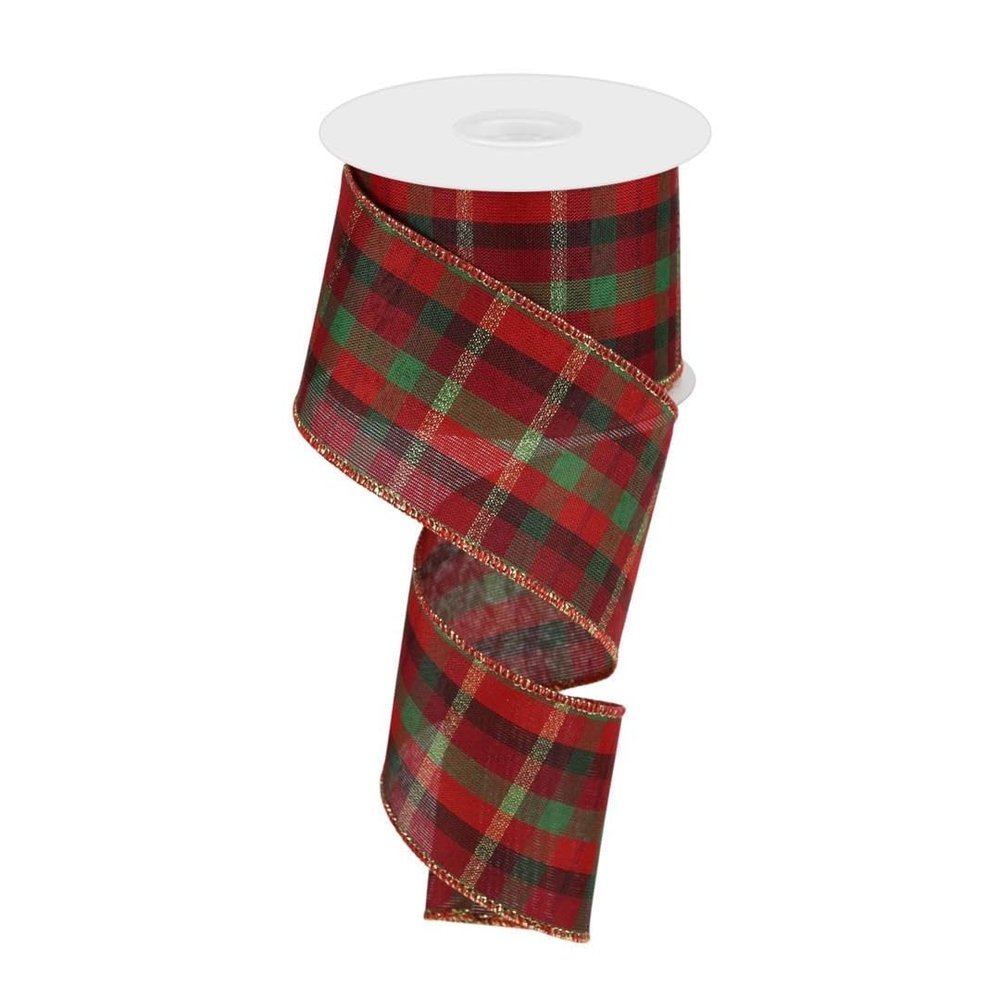 Wired Tartan Christmas Wreath Ribbon - 2 1/2" x 10 Yards, Red, Green, Gold, and Black Plaid, Tree Decoration, Garland, Gifts, Wrapping, Wreaths, Bows