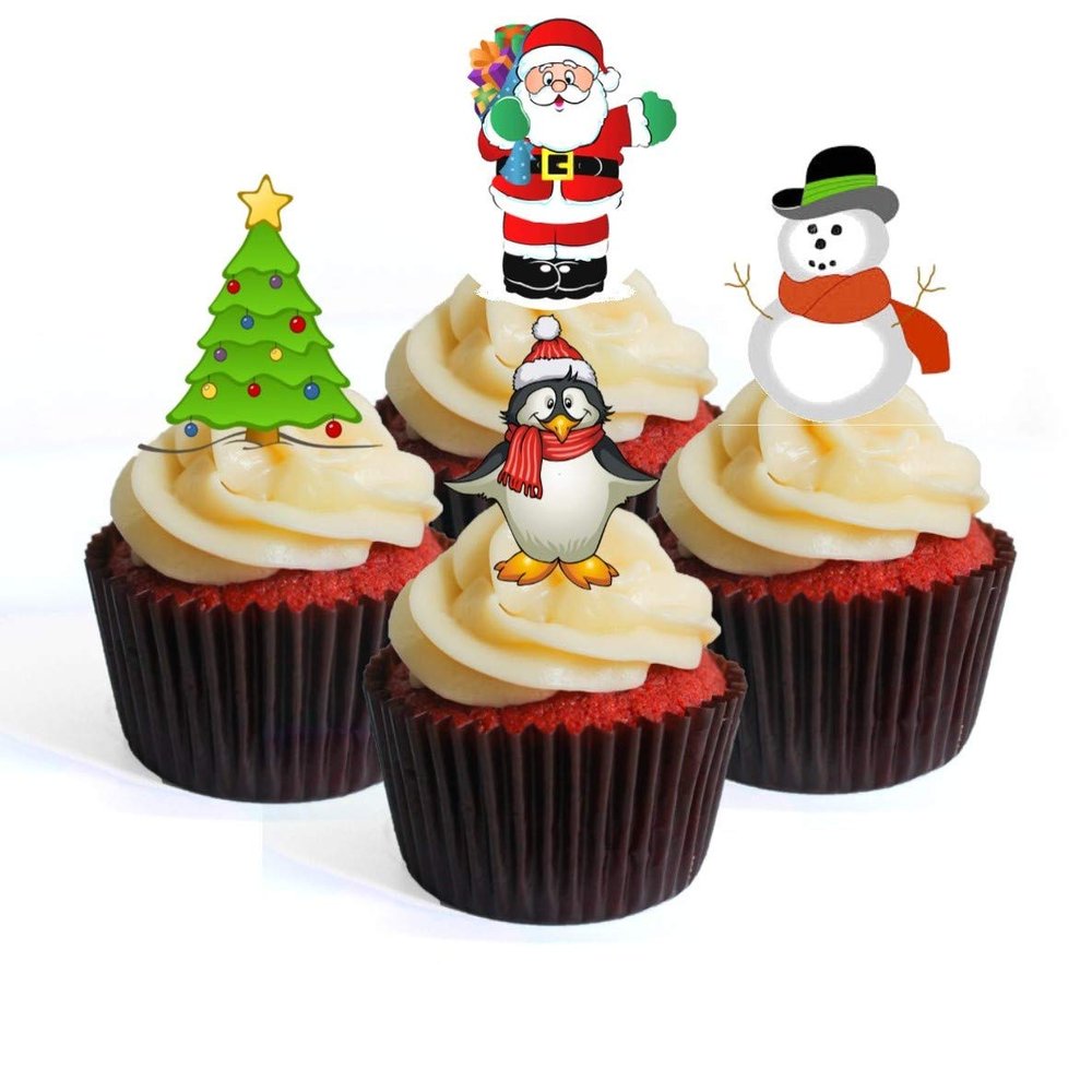 12 Christmas Mix Edible Cupcake Toppers - Stand Up Wafer Cake Decorations, Christmas Cupcake Toppers, Edible Santa Cake Decorations, Festive Cake Topper, 2 inch / 5cm Wafer Cookie Decor (PRECUT)