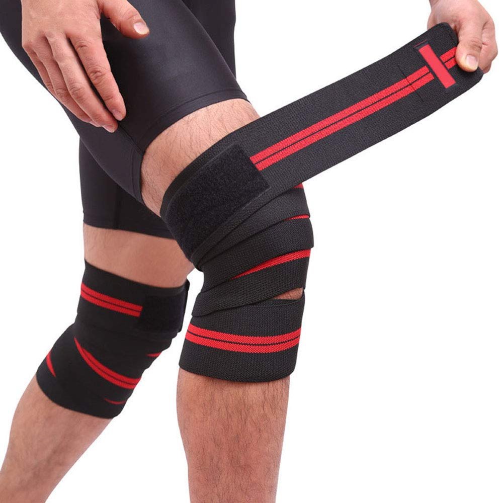 1Pair 2M*8CM Fitness Pressurized Straps Gym Weight Lifting Leg Knee Compression Training Wraps Elastic Bandages (Black with red)