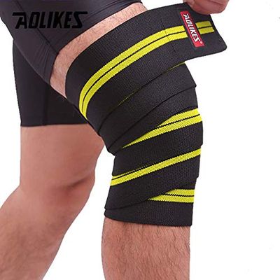 1Pair 2M*8CM Fitness Pressurized Straps Gym Weight Lifting Leg Knee Compression Training Wraps Elastic Bandages (Black with Yellow)