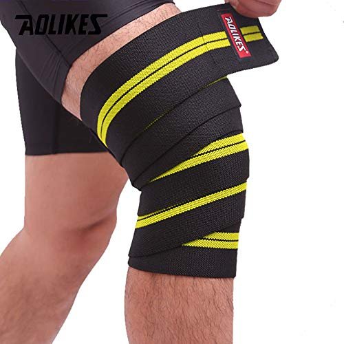 1Pair 2M*8CM Fitness Pressurized Straps Gym Weight Lifting Leg Knee Compression Training Wraps Elastic Bandages (Black with Yellow)