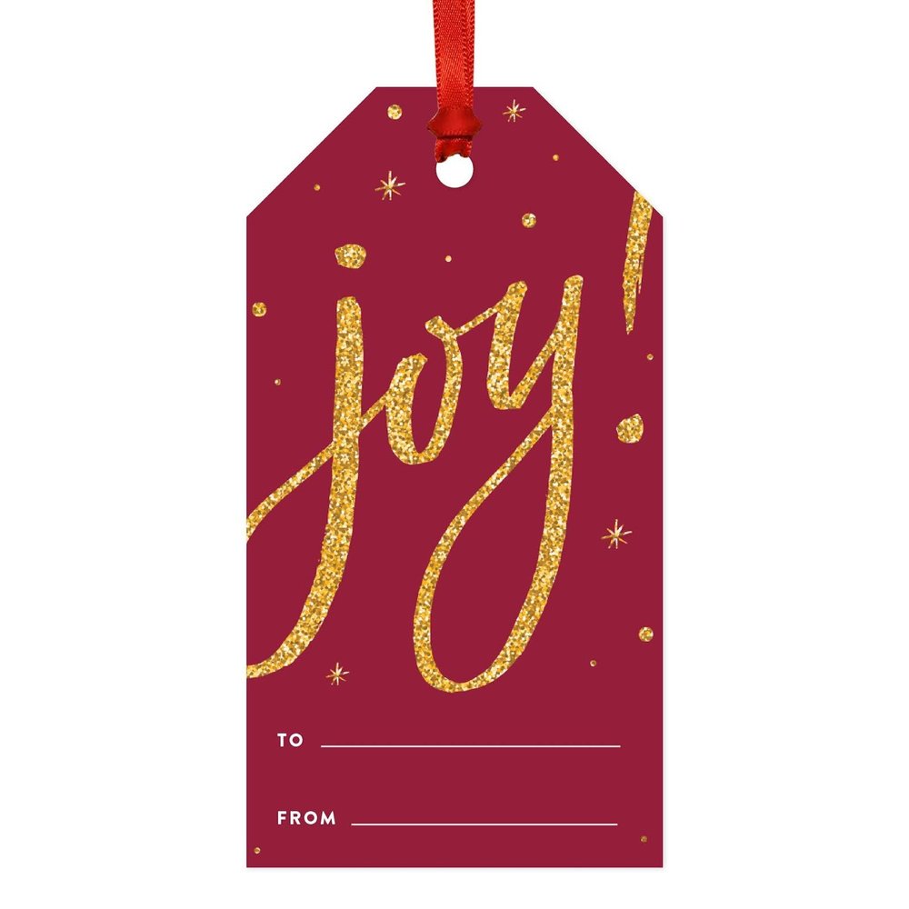 Andaz Press Christmas Classic Gift Tags, Faux Gold Glitter Joy on Burgundy Maroon, to from, 20-Pack