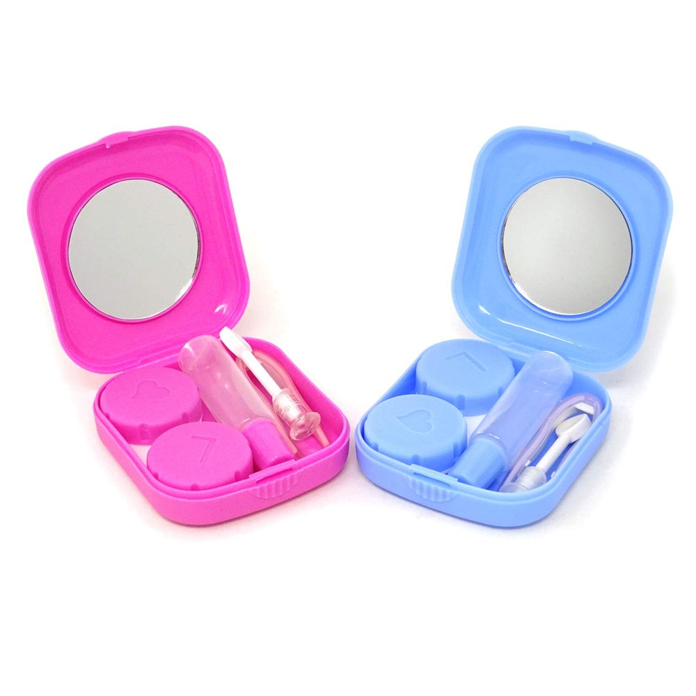 Honbay 2PCS Portable Travel Contact Lens Case Kit Mini Contact Lens Box with Mirror(blue+pink)