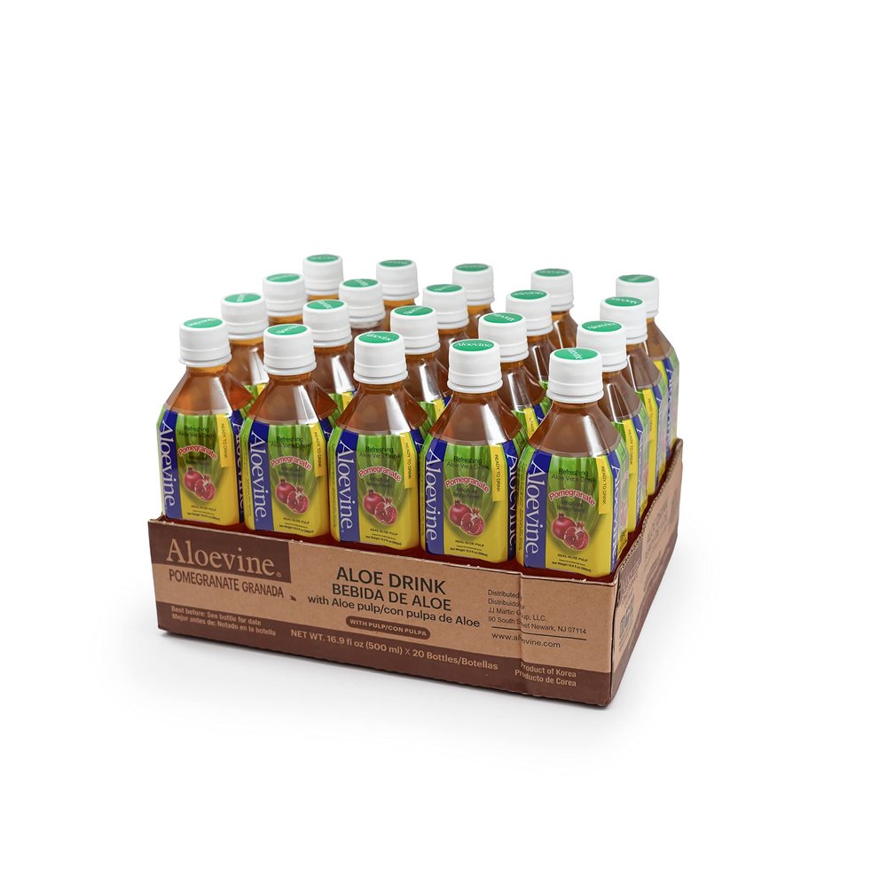 Aloevine Aloe Vera Drink Pomegranate  Drink Aloe Juice with Real Aloe Chunks | Healthy Plant-Based Korean Beverage | Aloe Vera Juice | 16.9 oz Bottles (20 Pack)