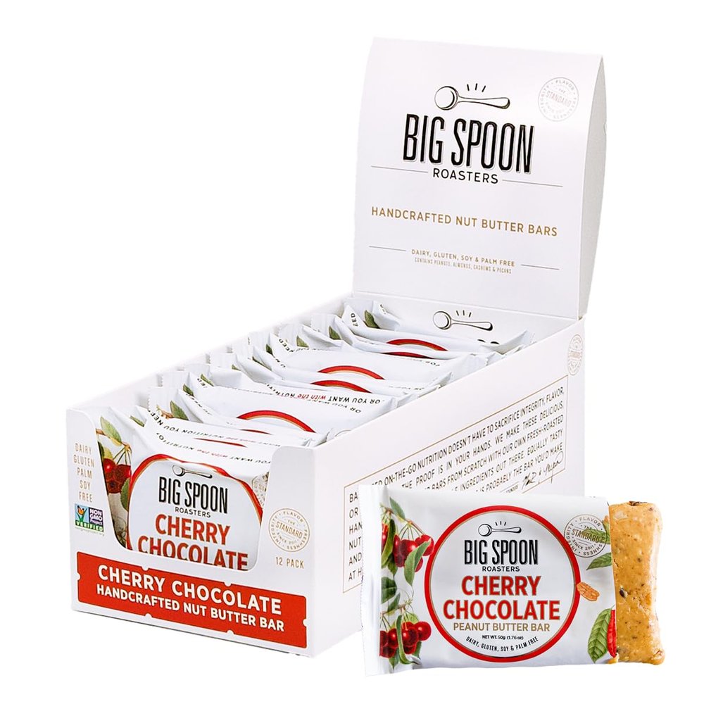 Big Spoon Roasters Cherry Chocolate Nut Butter Bars - Low Carb, High Protein Bars w/Pea Protein - Vegan Snacks w/Peanut & Almond Butter - Gluten-free, Soy-free, & Lean Protein - 1.76 Ounce - 12 Pack