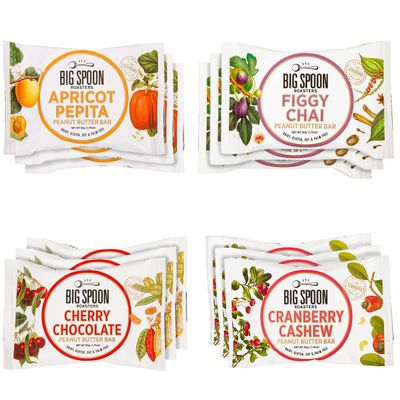 Big Spoon Roasters Nut Butter Bars Pack Cherry Pecan, Apricot Pepita, Cranberry Cashew & Figgy Chai High Protein Bars Variety Pack with Non GMO Pea Protein 12 Count (3 of Each Flavor) 1 Case Variety
