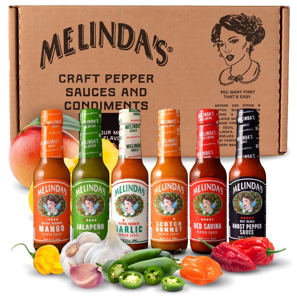 Melindas Chef Figs Heat & Flavor Collection - Gourmet Hot Sauce Gift Set with a Variety of Flavors & Spice Levels - Includes Ghost, Mango, Garlic, Red Savina, Scotch Bonnet, Jalapeo - 5 oz, 6 Pack
