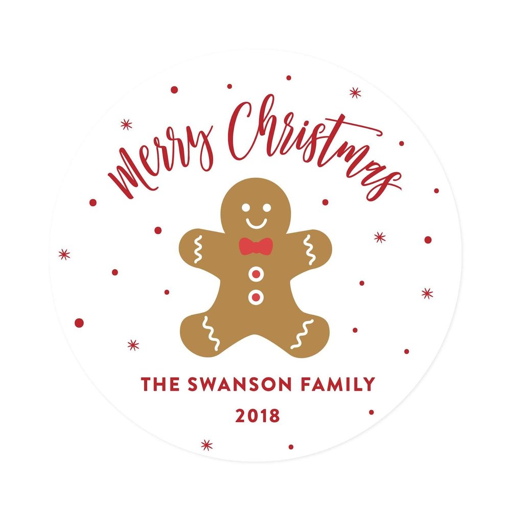 Andaz Press Personalized Christmas Round Circle Gift Sticker Labels, Red and White Gingerbread Man, Merry Christmas, 40-Pack, Envelope Stationery Seals, Custom Name Year
