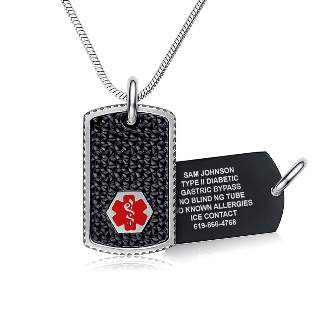 Divoti Medical Alert Necklace for Men & Women | Custom Engraved Black Dog Tag Medical ID Necklace |Hypoallergenic Surgical Stainless Steel  28 Snake Chain/Red