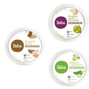 Baba Small Batch Organic Hummus (8 oz, 3 Pack) - USDA Organic, Gluten Free, Vegan, Non-GMO, Cholesterol Free (Cilantro/Jalapeno, Garlic/Artichoke, Garlic)