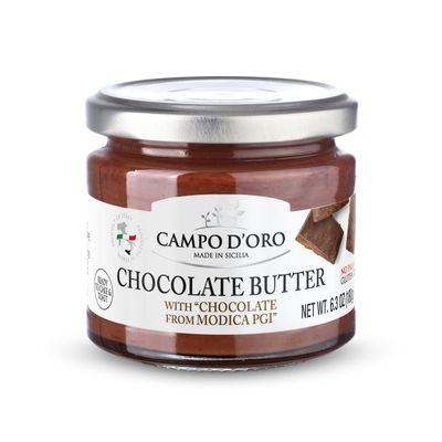 CAMPO D'ORO CHOCOLATE SPREAD 180 Gr. Dark chocolate sweet cream Modica PGI. Dark Chocolate spread with milk. Italian chocolate, chocolate butter for breakfast. Italian specialities. 100% Made in italy