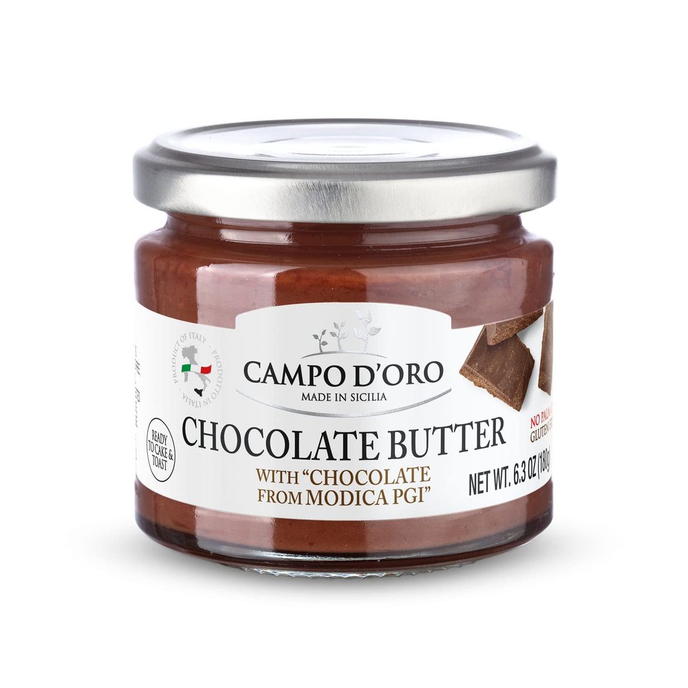 CAMPO D'ORO CHOCOLATE SPREAD 180 Gr. Dark chocolate sweet cream Modica PGI. Dark Chocolate spread with milk. Italian chocolate, chocolate butter for breakfast. Italian specialities. 100% Made in italy