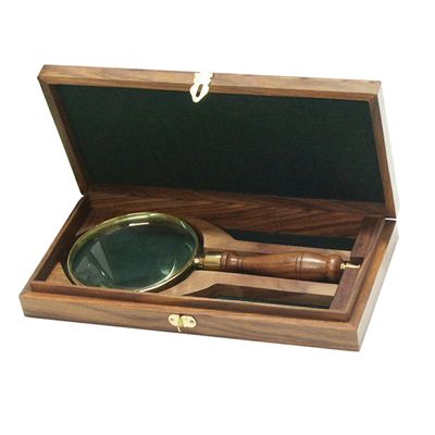 Schooner Bay Co.- 9-1/4" Brass and Wood Antique Magnifying Glass and Storage Case Reproduction