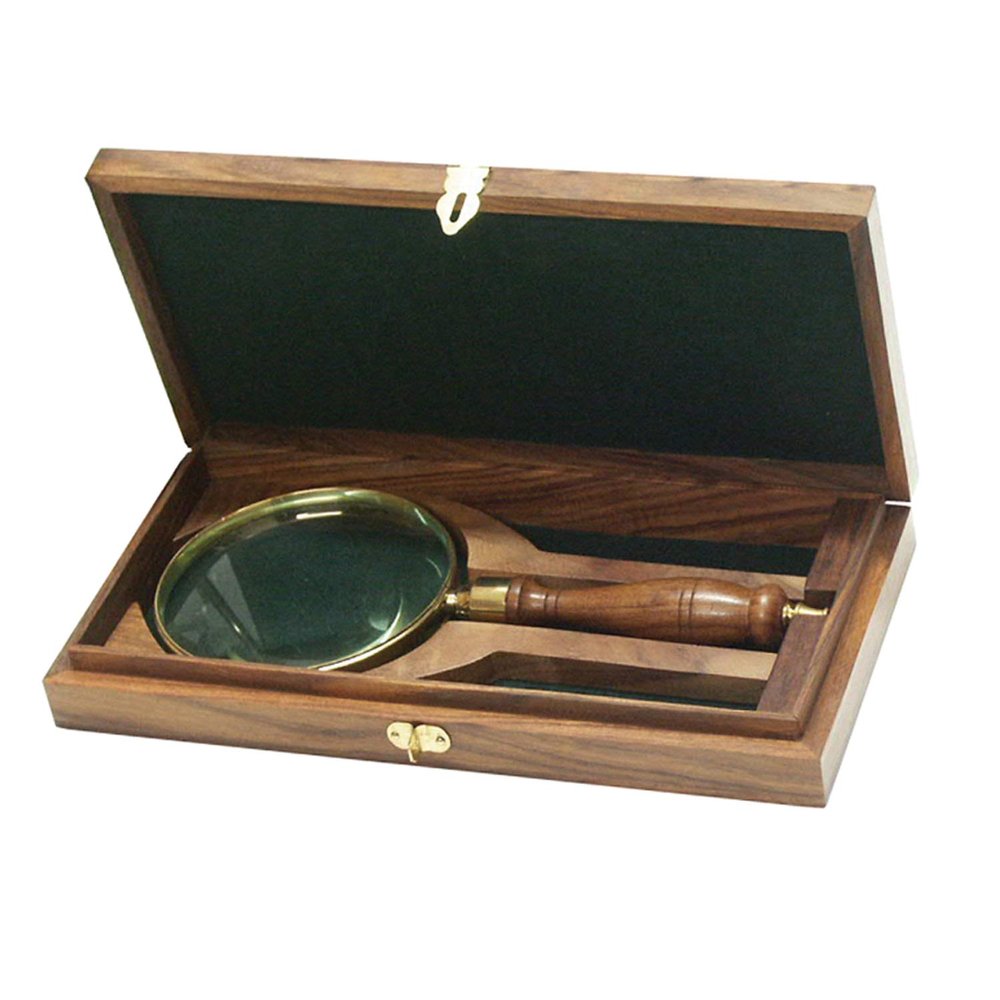 Schooner Bay Co.- 9-1/4" Brass and Wood Antique Magnifying Glass and Storage Case Reproduction