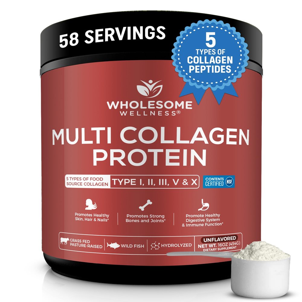 Wholesome Wellness Premium Multi Collagen Peptides Powder for Women and Men | 5 Types of Hydrolyzed Collagen | Grass-Fed, Non-GMO & Unflavored | Pure Protein for Youthful Skin & Joint Recovery
