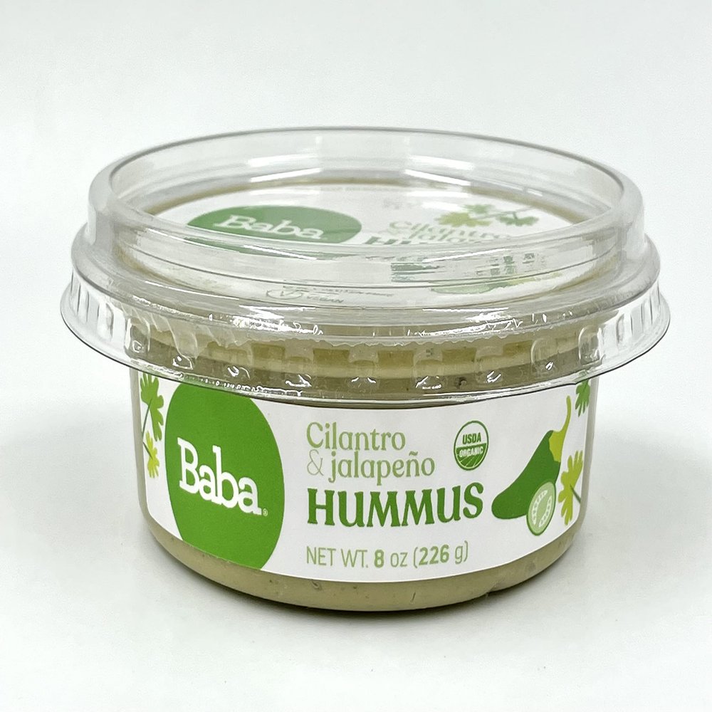 Baba Organic Hummus (8 oz) - USDA Organic, Gluten Free, Vegan, Non-GMO, Cholesterol Free, Zero Preservatives (Cilantro & Jalapeno Hummus)