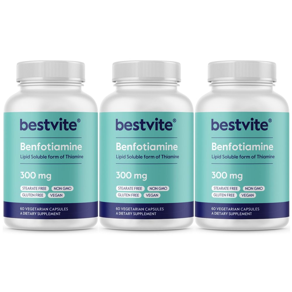 Benfotiamine 300mg (180 Vegetarian Capsules) (60x3) No Stearates - No Silicon Dioxide - Vegan - Non GMO - Gluten Free