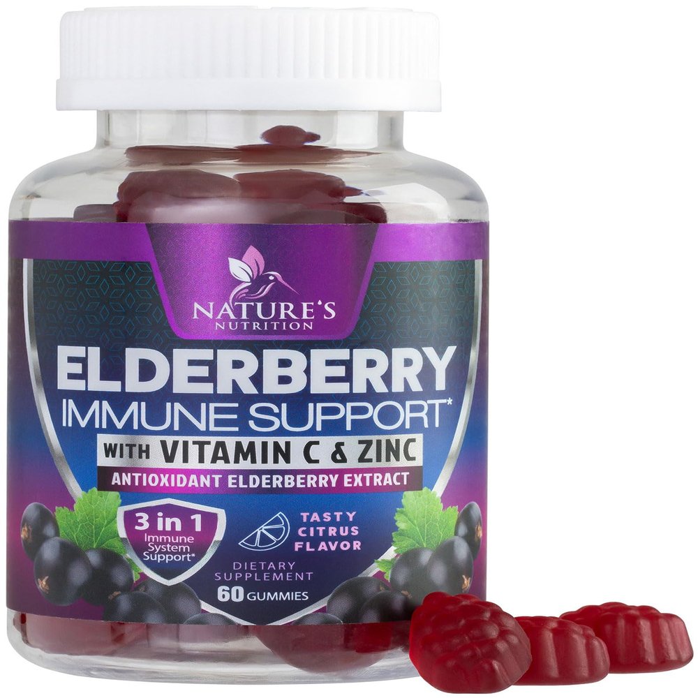 Elderberry Immune Support Gummies - 3X Strength Sambucus Elderberry Gummy with Vitamin C, D3 & Zinc - Natures Black Elderberry Extract - Immune Support Supplement for Adults & Kids - 60 Gummies