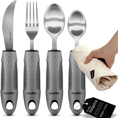 BUNMO Adaptive Utensils for Elderly, Tremors & Weak Hand Grips  4pc Lightweight Assistive Silverware Set with Foam Easy Grip Handles  Discreet Canvas Travel Wrap  Dishwasher Safe