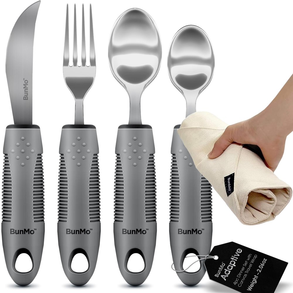 BUNMO Adaptive Utensils for Elderly, Tremors & Weak Hand Grips  4pc Lightweight Assistive Silverware Set with Foam Easy Grip Handles  Discreet Canvas Travel Wrap  Dishwasher Safe