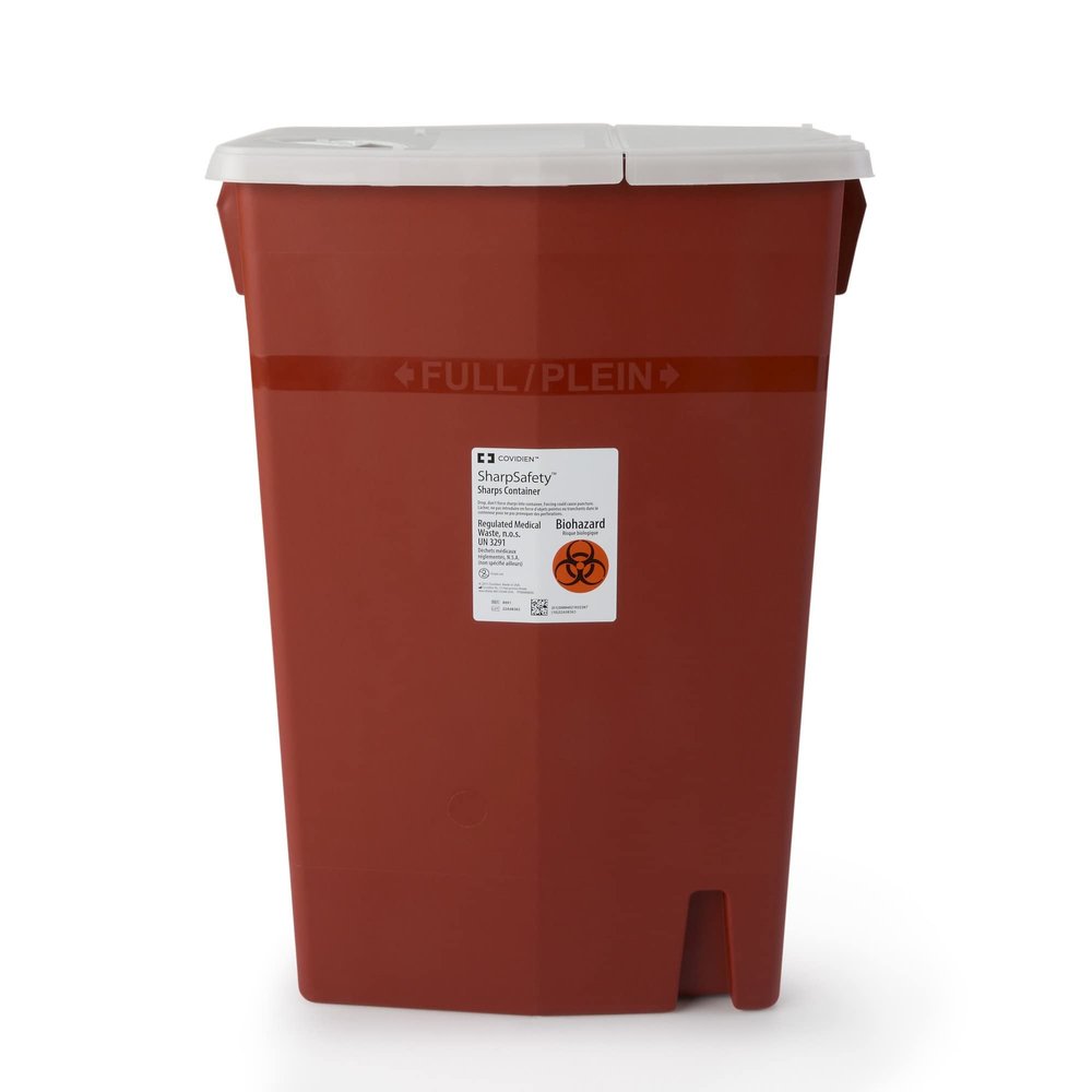 89912810 Multi-Purpose Sharps Container SharpSafety 1-Piece 26H X 18.25W X 12.75D Inch 18 Gallon Red Base Hinged Lid