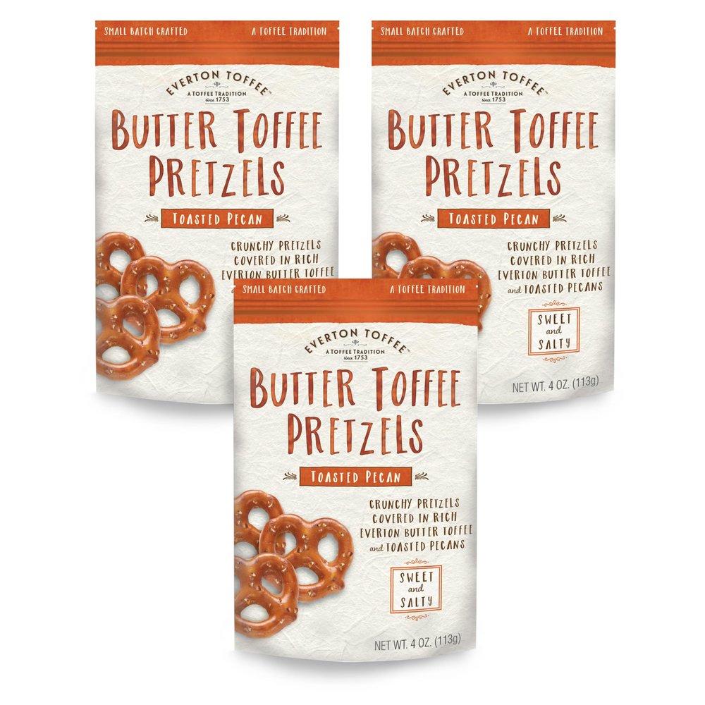 Everton Toffee Butter Toffee Pretzels, Toasted Pecan Flavor (4 oz. bag, 3-pack), Gourmet Artisan Toffee Covered Pretzels, Sweet and Salty Mini Pretzel Snacks, Small Batch Crafted