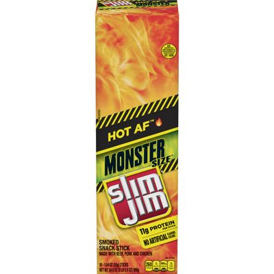 Slim Jim Monster Smoked Meat Sticks, Hot AF Flavor, High Protein, Valentine's Day Gift For Him, 1.94 oz. (18 Count)