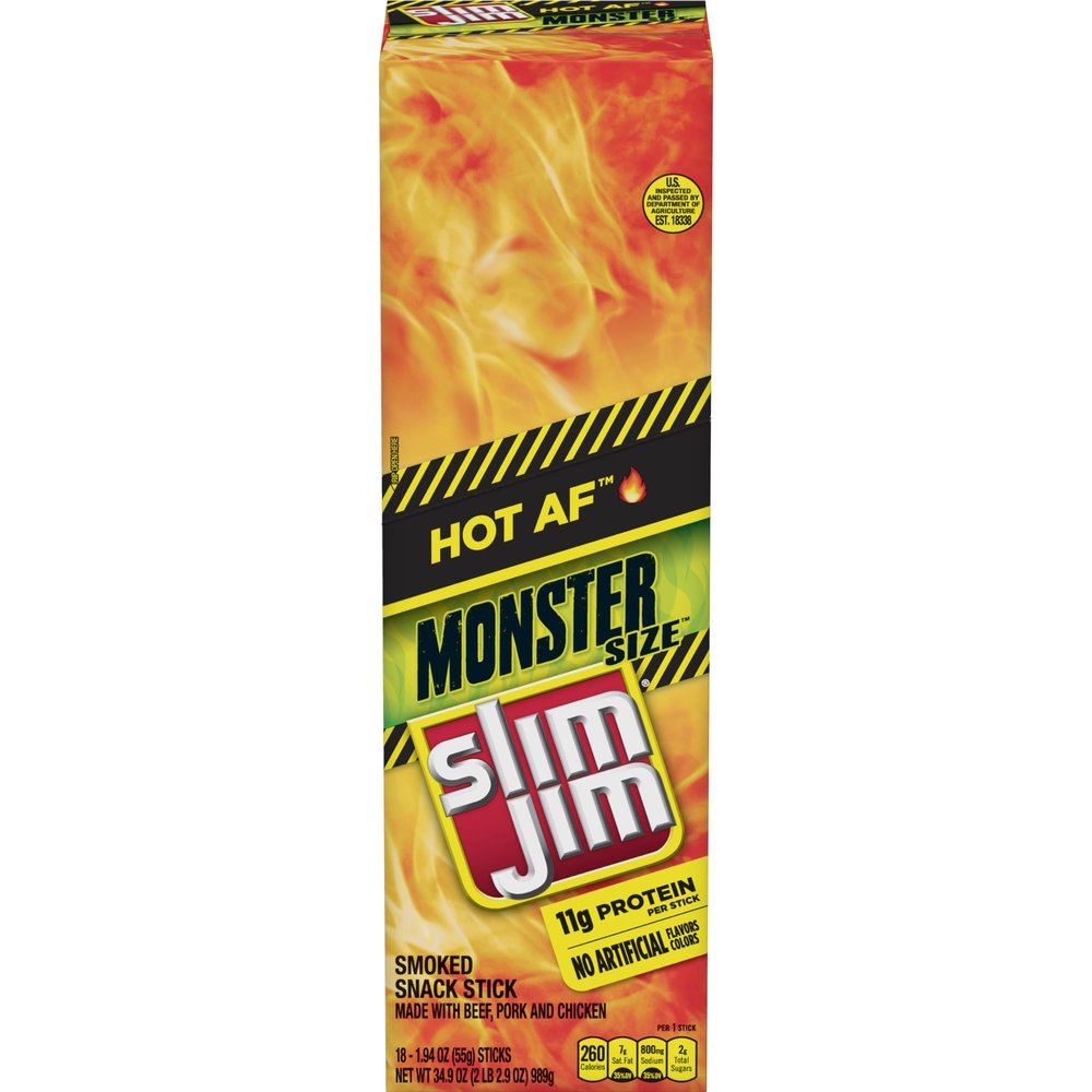 Slim Jim Monster Smoked Meat Sticks, Hot AF Flavor, High Protein, Valentine's Day Gift For Him, 1.94 oz. (18 Count)