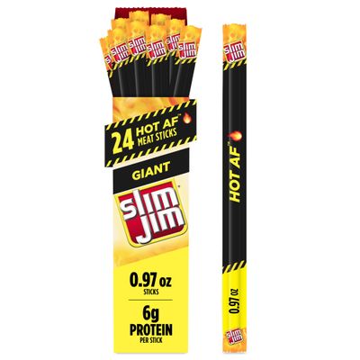 Slim Jim Giant Smoked Meat Sticks, Hot AF Flavor, 6g Protein Per Stick, Valentine's Day Gift For Him, 0.97 oz. (24 Count)
